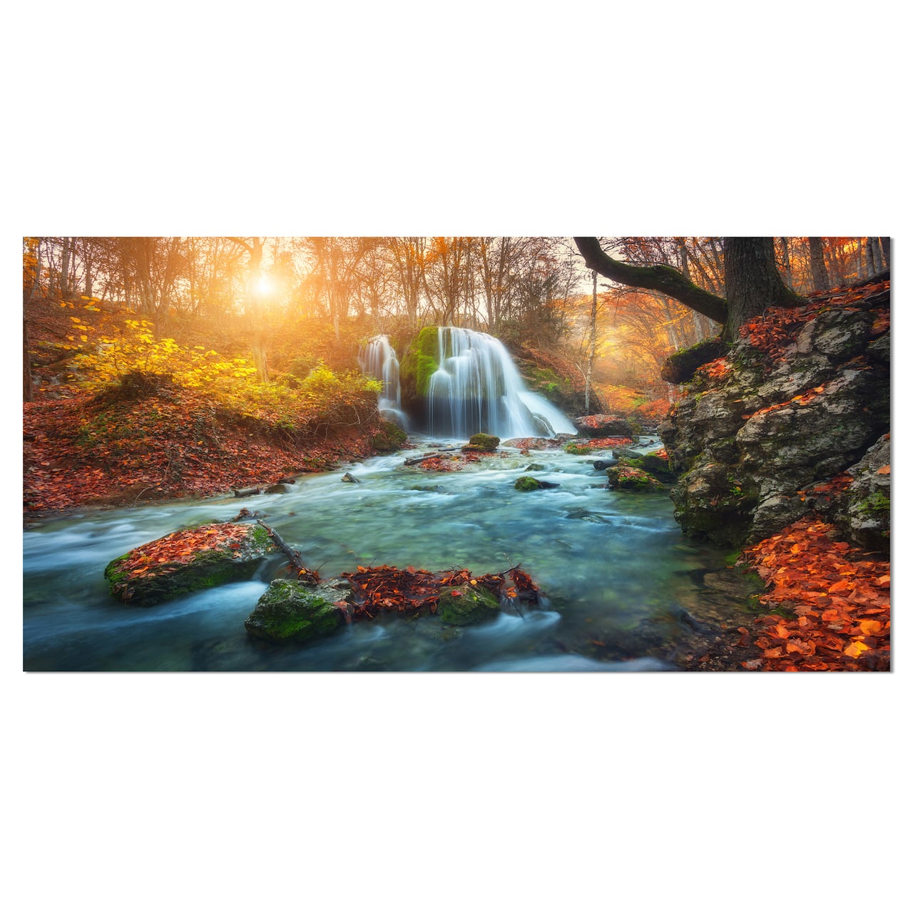 Designart - Fast Flowing Fall River in Forest - Landscape Photography Canvas Print